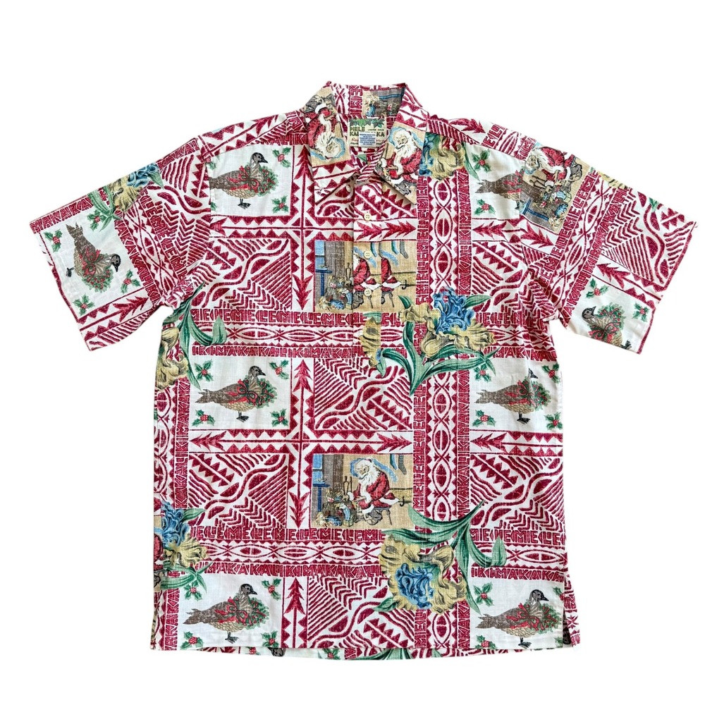 Reyn Spooner Mele Kalikimaka Christmas Hawaiian Shirt Mens M Red Santa Geese